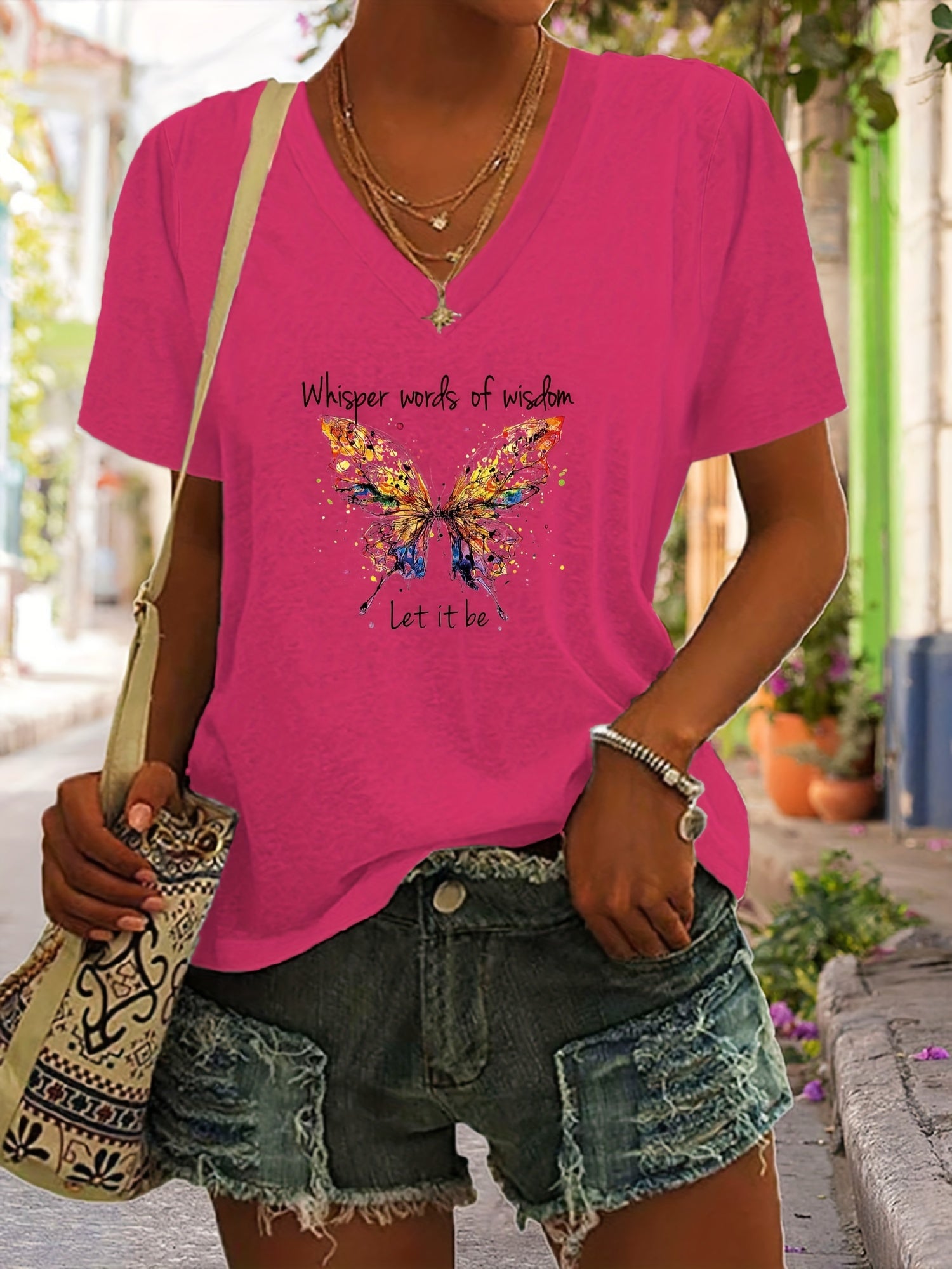 「lovevop」Letter & Butterfly Print T-Shirt, V Neck Short Sleeve T-Shirt, Casual Every Day Tops, Women's Clothing