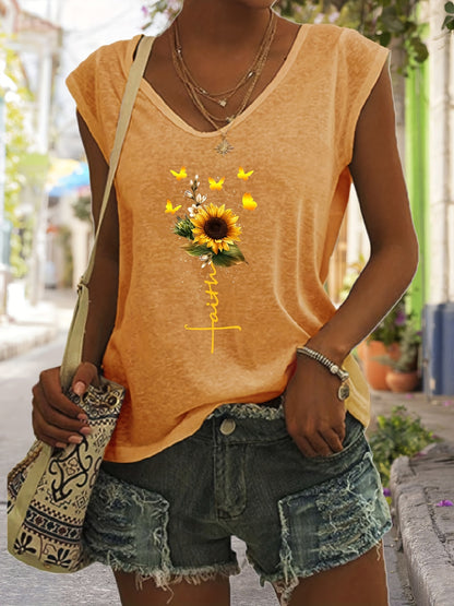 「lovevop」Sunflower Print Tank Top, Sleeveless Casual Top For Spring & Summer, Women's Clothing