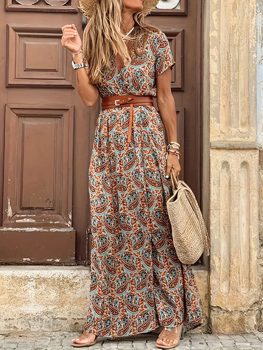 「lovevop」Paisley Print V Neck Dress, Boho Casual Short Sleeve Dress For Spring & Summer, Women's Clothing