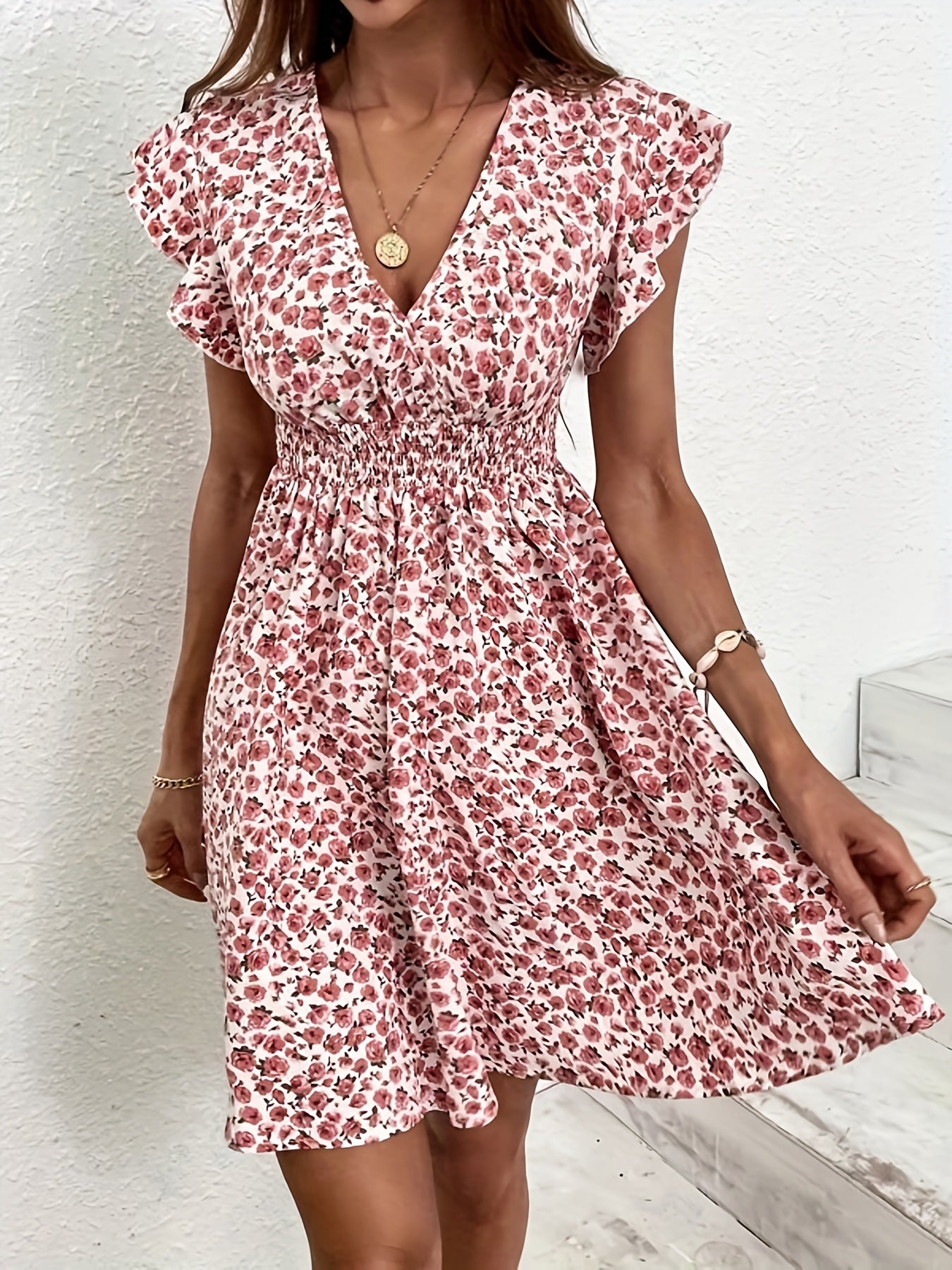 「lovevop」Floral Print V Neck Vacation Dress, Smocked Waist Ruffle Sleeve Casual Dress For Summer & Spring, Women's Clothing