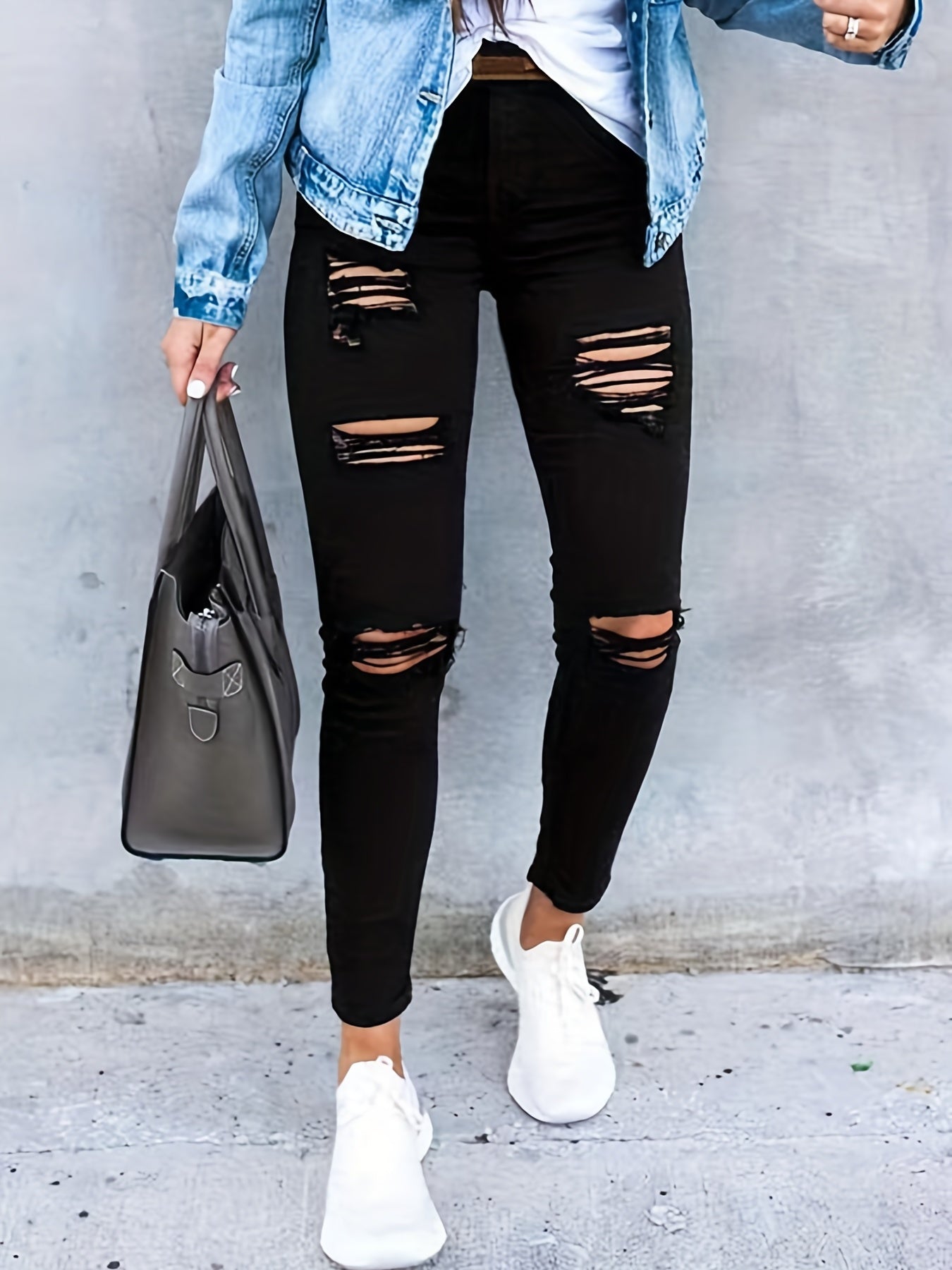 「lovevop」Black Ripped Holes Skinny Jeans, Slim Fit Slash Pockets Slight-Stretch Casual Denim Pants, Women's Denim Jeans & Clothing