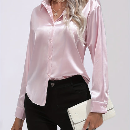 「lovevop」Solid Smoothly Shirt, Elegant Button Front Turn Down Collar Long Sleeve Shirt, Women's Clothing