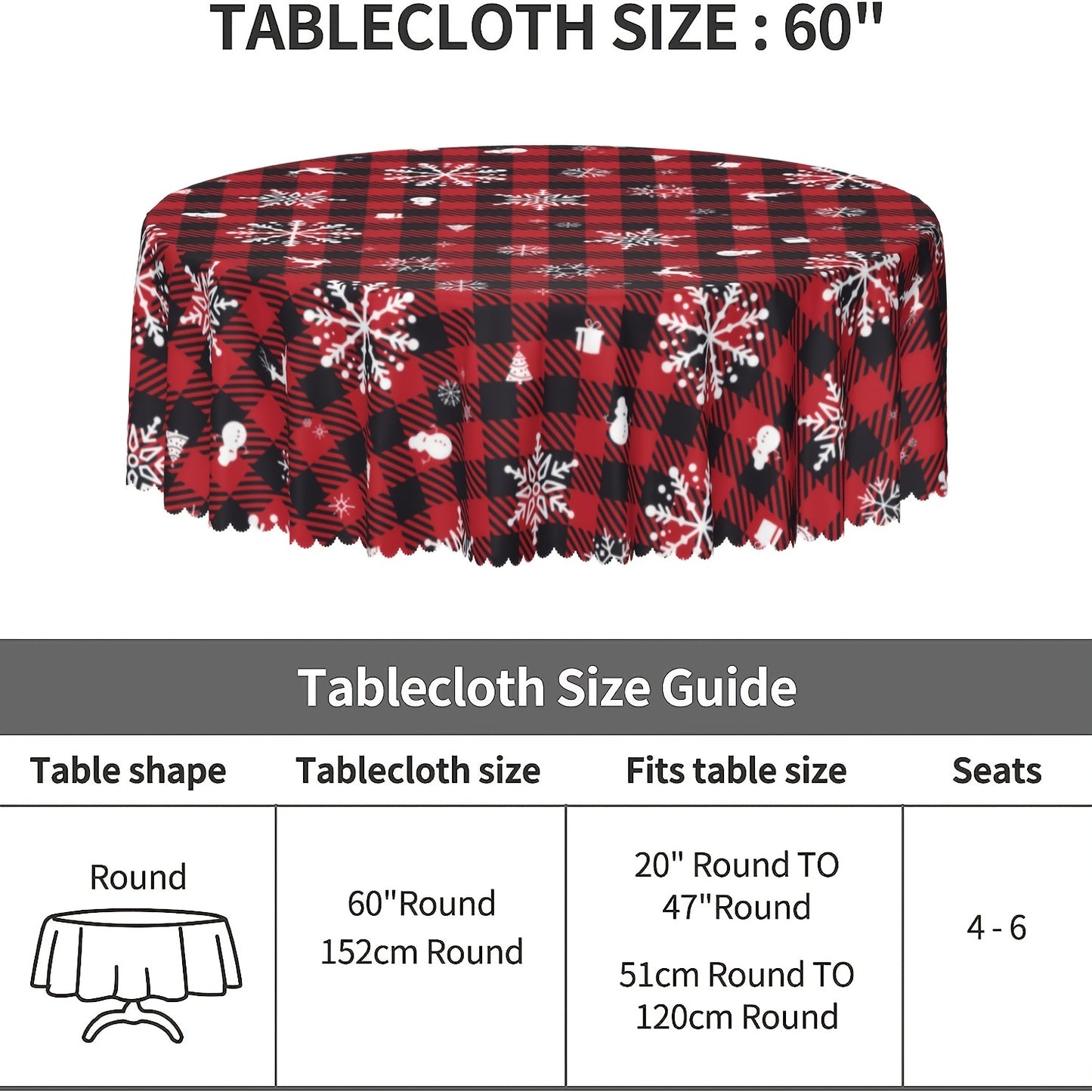 1pc Round Merry Christmas Tablecloth - Waterproof Stain Wrinkle Free Circle Tablecover for Indoor Outdoor Home Kitchen Dining Party Decoration - Farmhouse Reindeer Snowflakes Christmas Decor