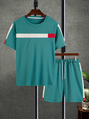 「lovevop」Men's Colorblock Casual T-shirt Outfit Set, 2 Pieces Round Neck Short Sleeve Tees And Drawstring Short Pants