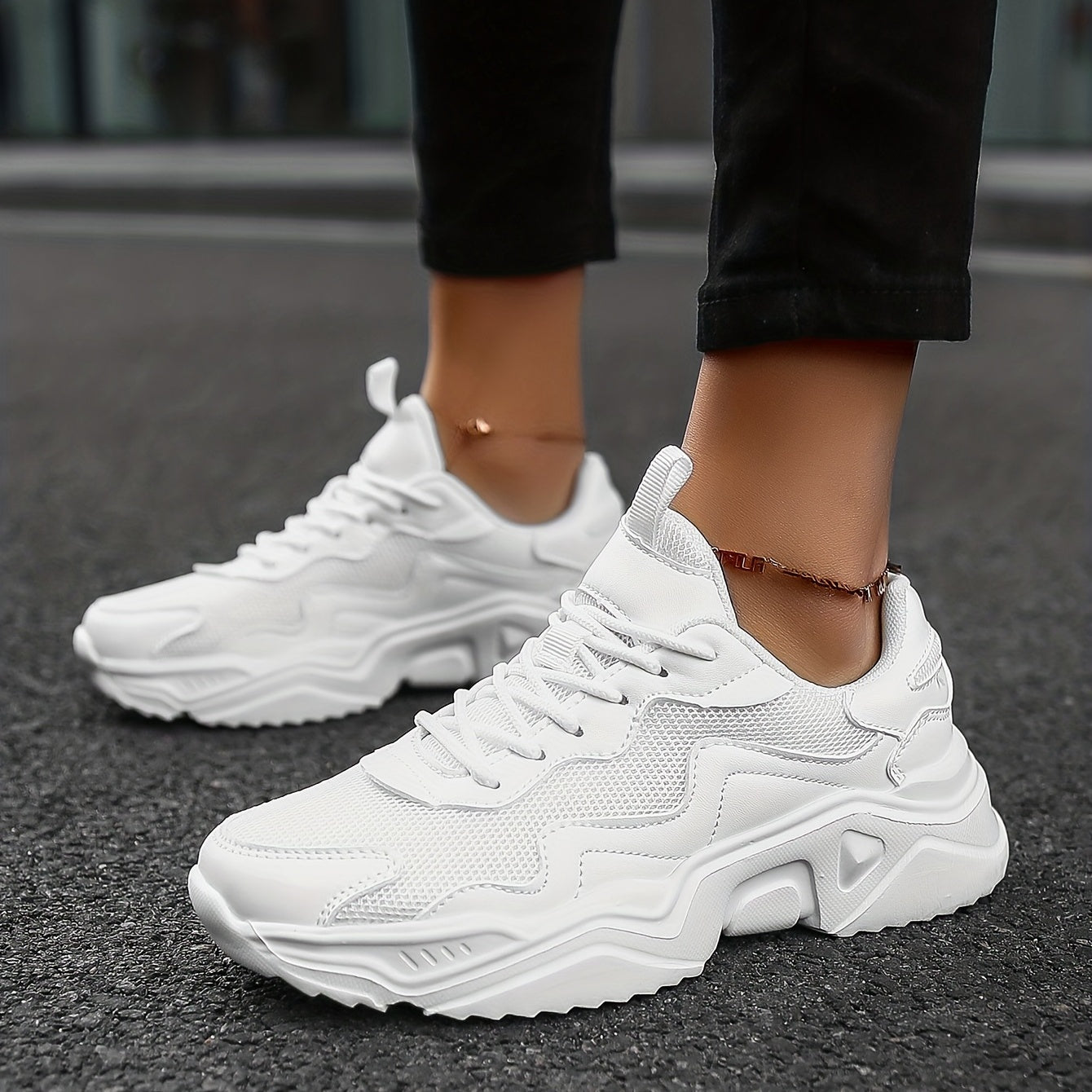 「lovevop」Women's White Breathable Mesh Sneakers, Comfortable Low Top Lace Up Shoes, Women's Casual Walking Shoes