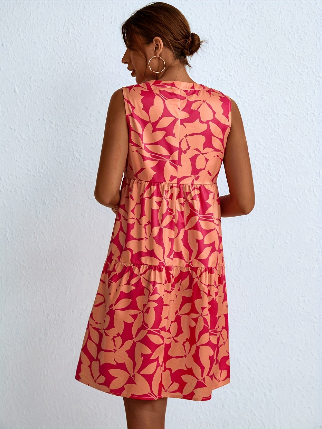 「lovevop」Floral Print Ruffle Hem Dress, Casual Notched Neck Sleeveless Tank Dress, Women's Clothing