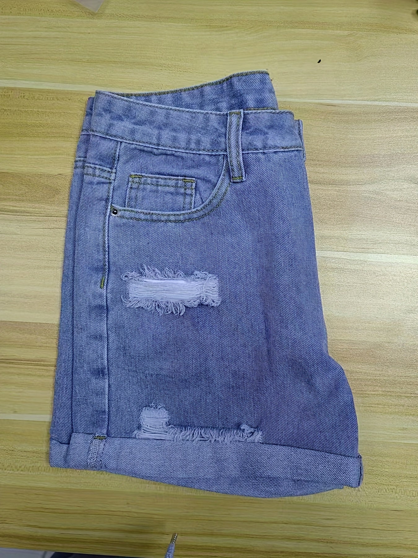 「lovevop」Blue Rolled Hem Denim Shorts, Slim Fit Ripped Slash Pockets Casual Short Denim Pants, Women's Denim Jeans & Clothing