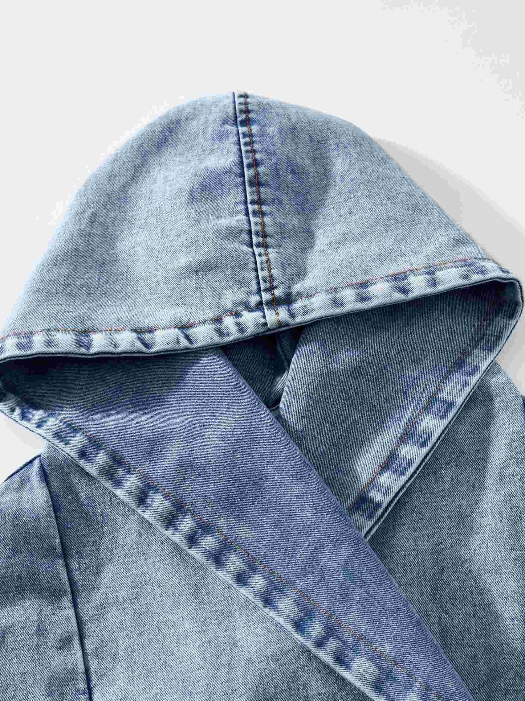 Lovevop-Belted Closure Elastic Band Cuff Denim Hooded Jackets, Elastic Belt Non Button Denim Coats, Women's Denim Jackets & Coats, Women's Clothing