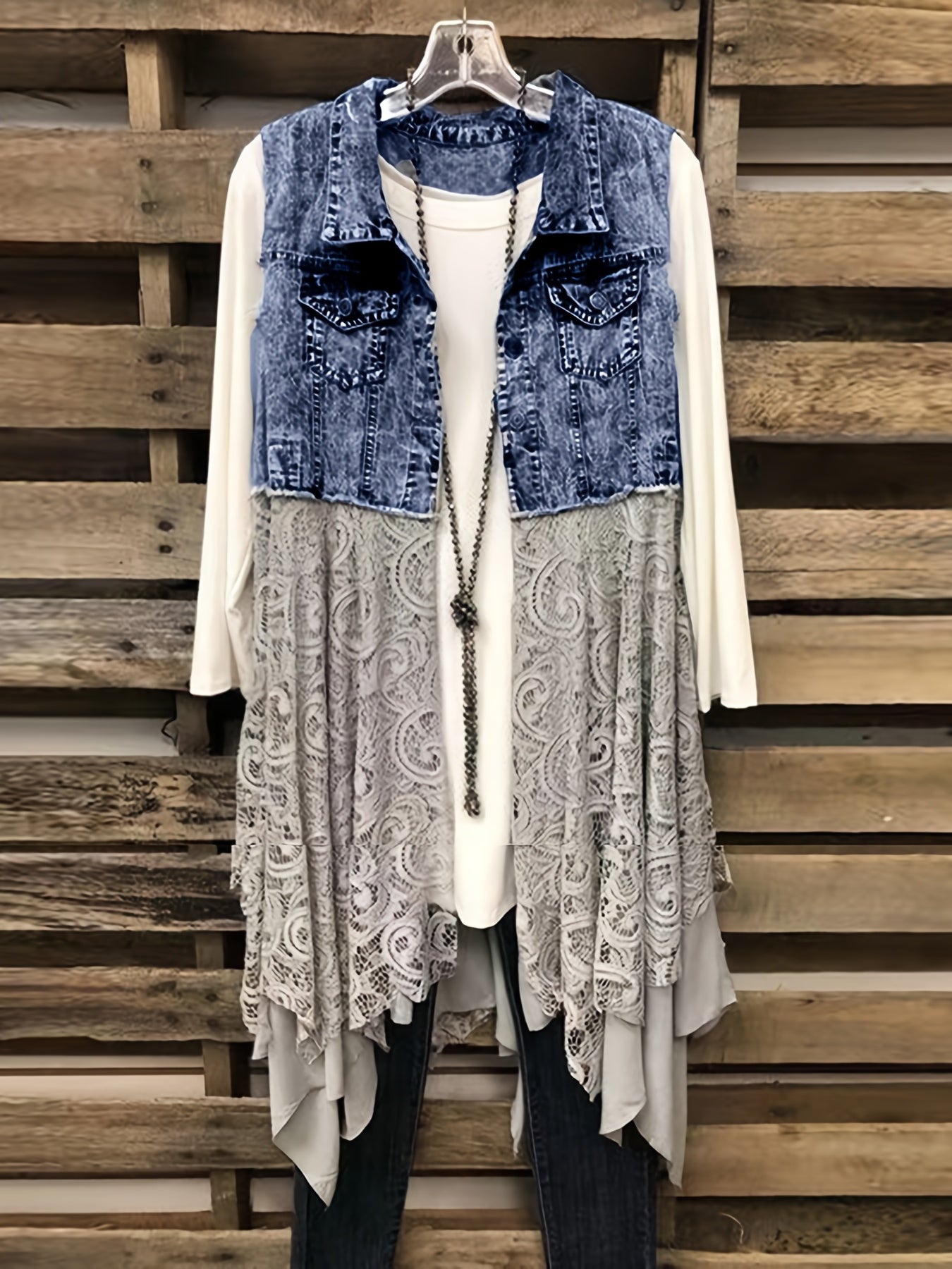 Lovevop-Lace High Low Trim Denim Vest Dress, Flap Pockets Raw Hem Lady Distressed Vest Dress, Women's Denim & Clothing