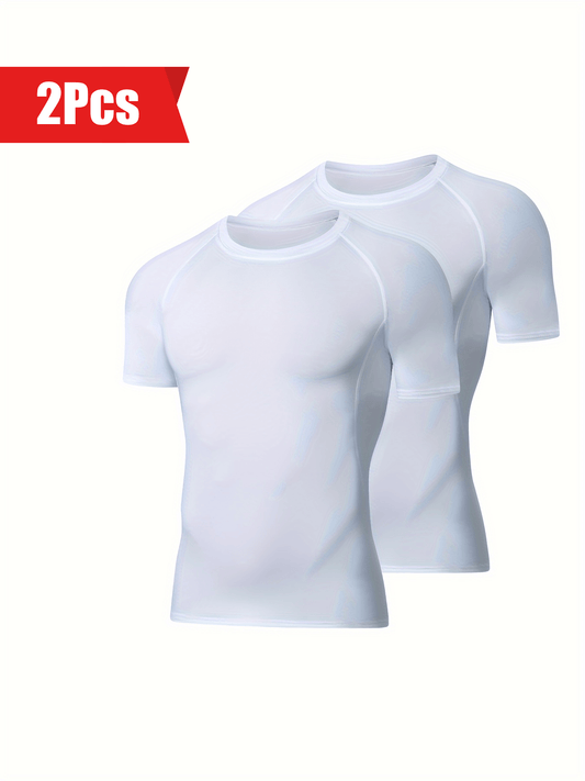Buy 1 Get 1 Free, total of 2 pcs Mens High-Performance Compression Crew Neck T-Shirts - Moisture-Wicking, Quick-Drying, Breathable, and Ultra-Stretchy for Fitness Training, Sports, and Outdoor Activities - Perfect for Spring, Summer, and Fall Seasons