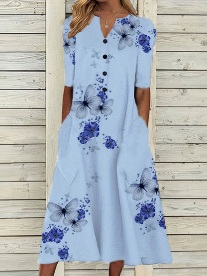 「lovevop」Floral & Butterfly Print V Neck Dress, Casual Button Front Short Sleeve Dress For Spring & Summer, Women's Clothing