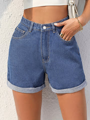 「lovevop」Blue Rolled Hem Denim Shorts, Slash Pockets Versatile Short Denim Pants, Women's Denim Jeans & Clothing