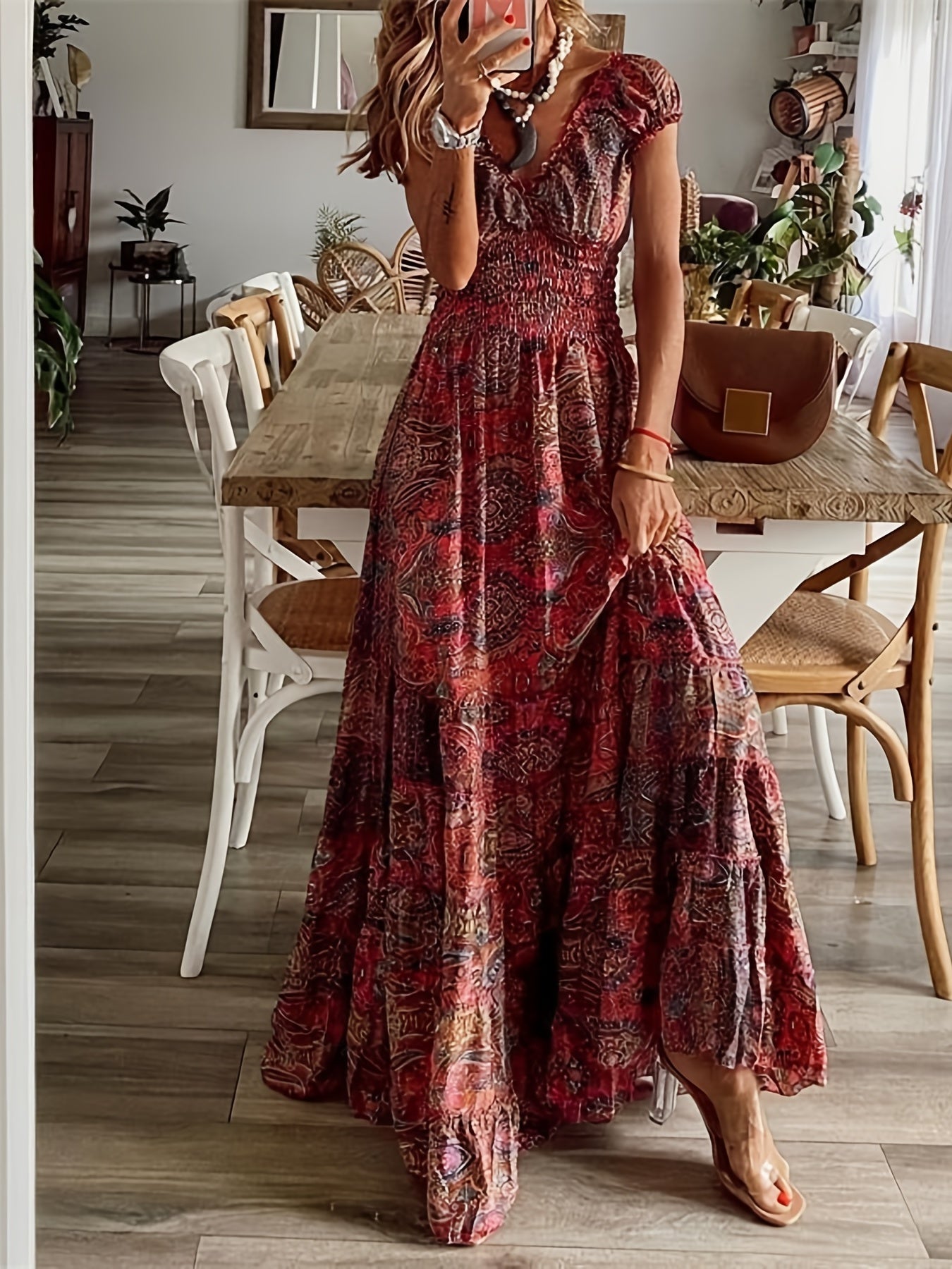 「lovevop」Floral Print Ruffle Neck Long Dress, Boho Short Sleeve Waist Summer Large Swing Dresses, Women's Clothing