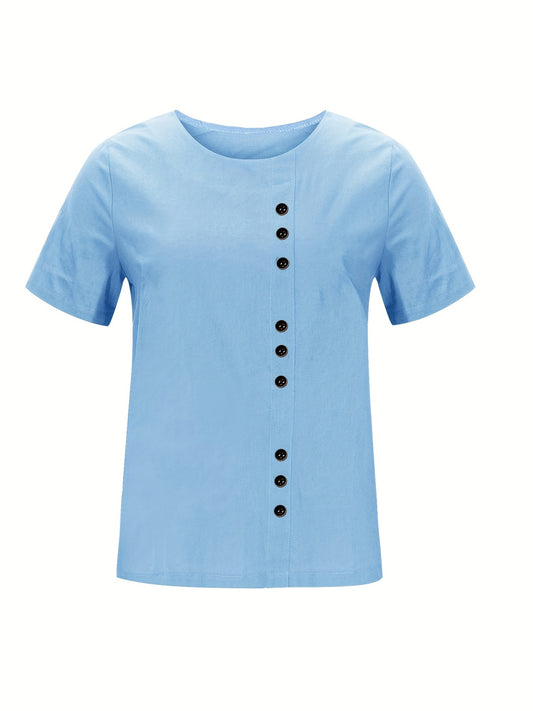 「lovevop」Buttons Solid T-shirt, Casual Crew Neck Short Sleeve Summer T-shirt, Women's Clothing