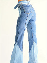 「lovevop」Colorblock High Waist Flare Jeans, Slash Pockets High Rise Bell Bottom With Belt Stretchy Denim Pants, Boho Y2k Kpop Vintage Style, Women's Denim Jeans & Clothing