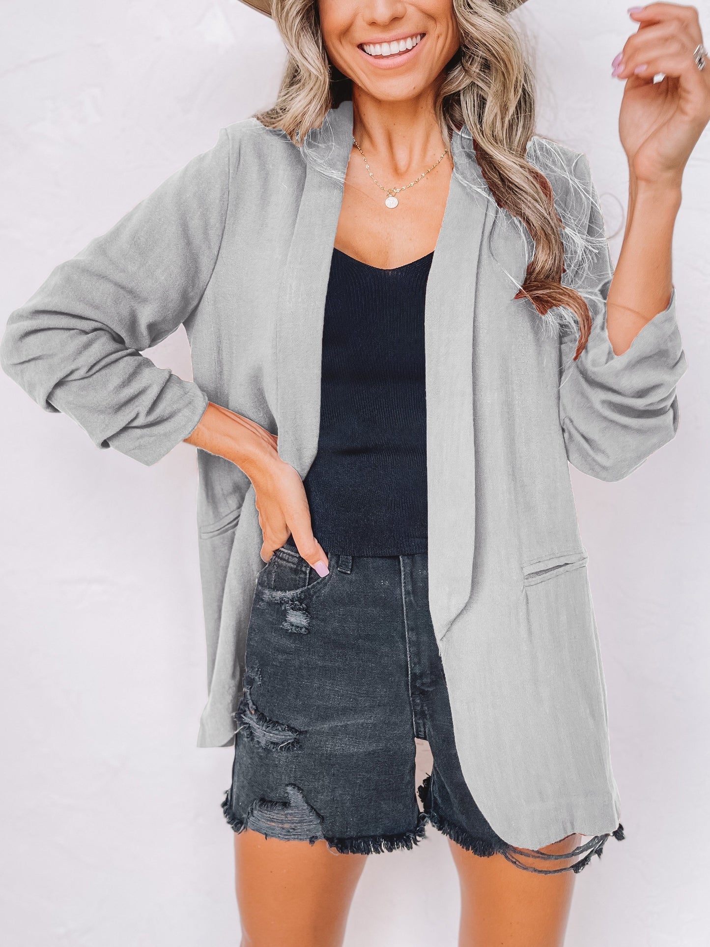 「lovevop」Solid Lapel Blazer Jacket, Casual Long Sleeve Office Work Outerwear, Women's Clothing