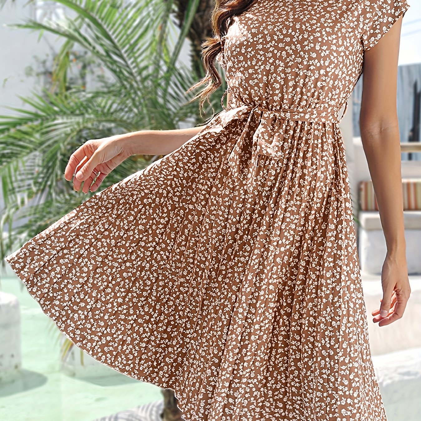 「lovevop」Ditsy Floral Print Belted Dress, Short Sleeve Casual Every Day Vacation Dress For Spring & Summer, Women's Clothing