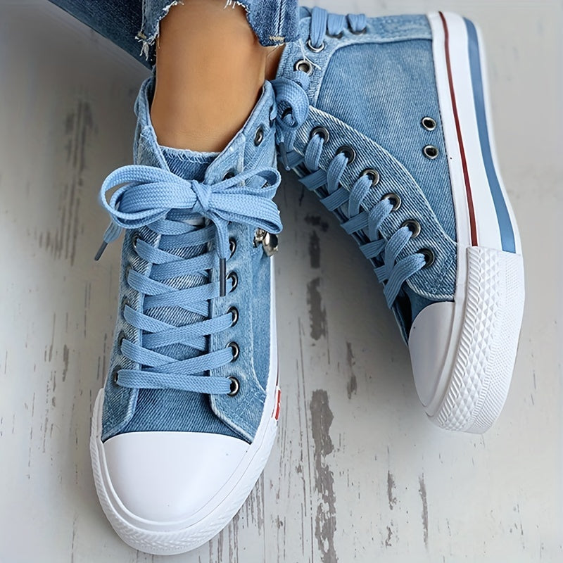 「lovevop」Women's Denim High Top Sneakers, Fashion Skull Zipper Decor Lace Up Shoes, Casual Walking Shoes