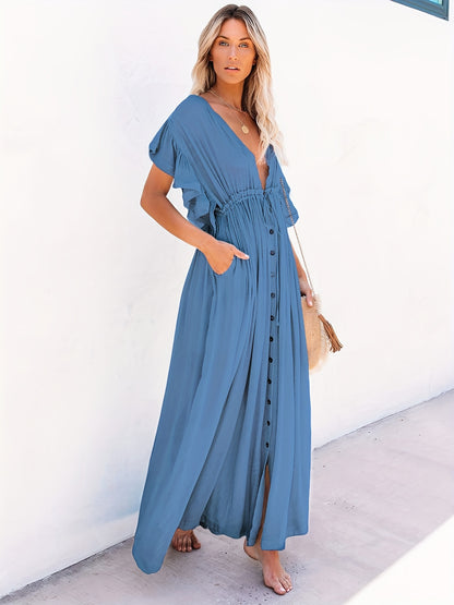 「lovevop」Ruched Plunging Dress, Vacation Beach Solid Drawstring Ruffle Trim Maxi Dress, Women's Clothing