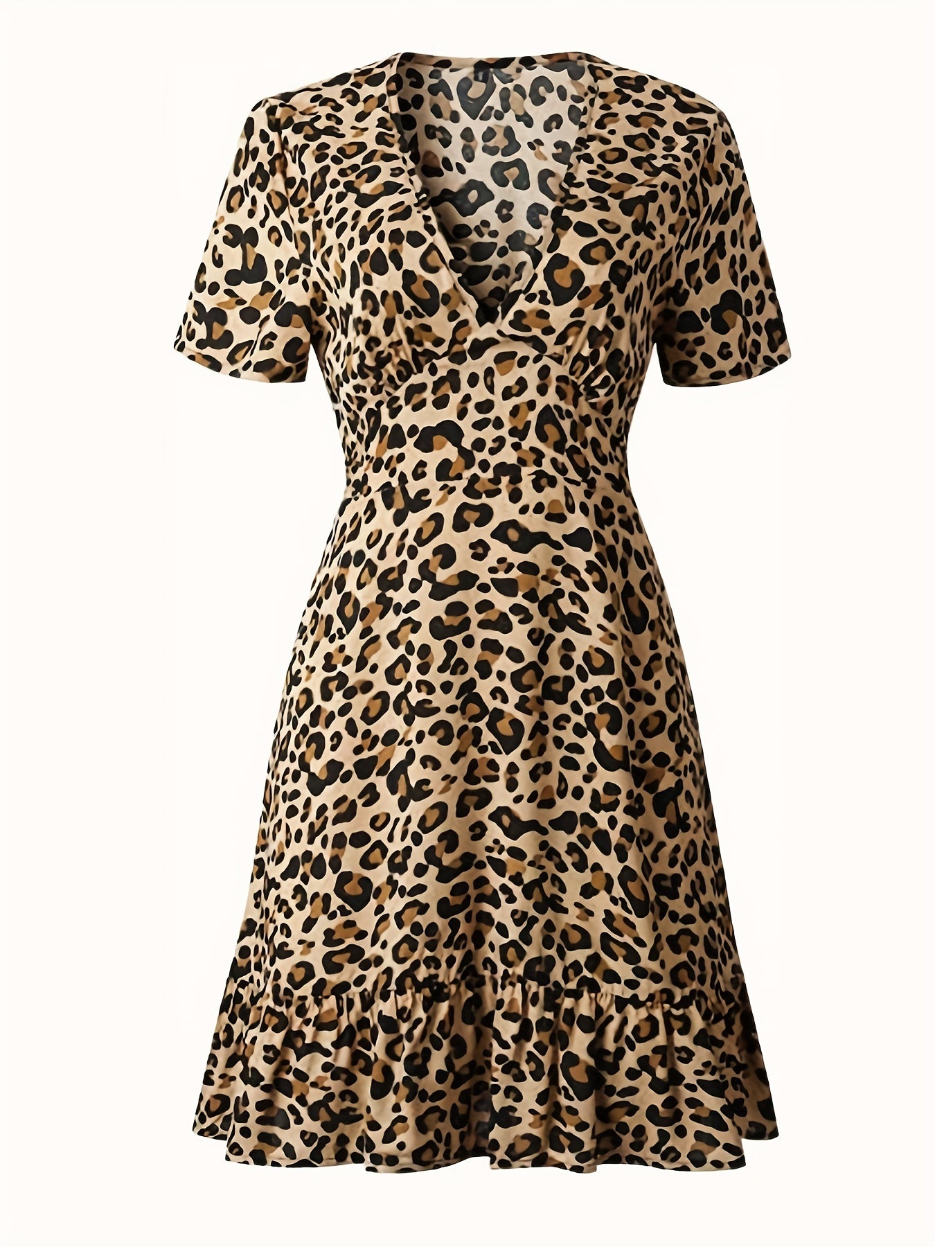 「lovevop」Leopard Print Ruffle Hem Dress, Sexy V Neck Short Sleeve Dress, Women's Clothing
