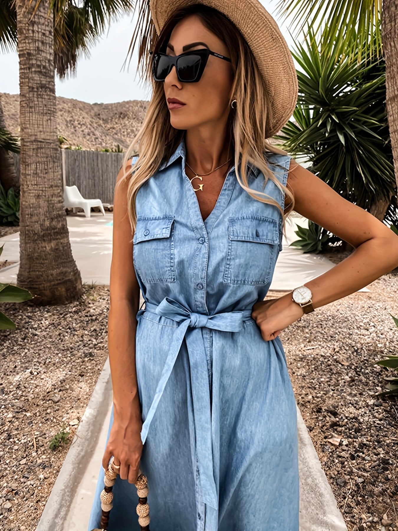 Lovevop-Blue Sleeveless Lapel Denim Dress, Single-Breasted Button Flap Pockets With Waistband Denim Dress, Women's Denim Clothing