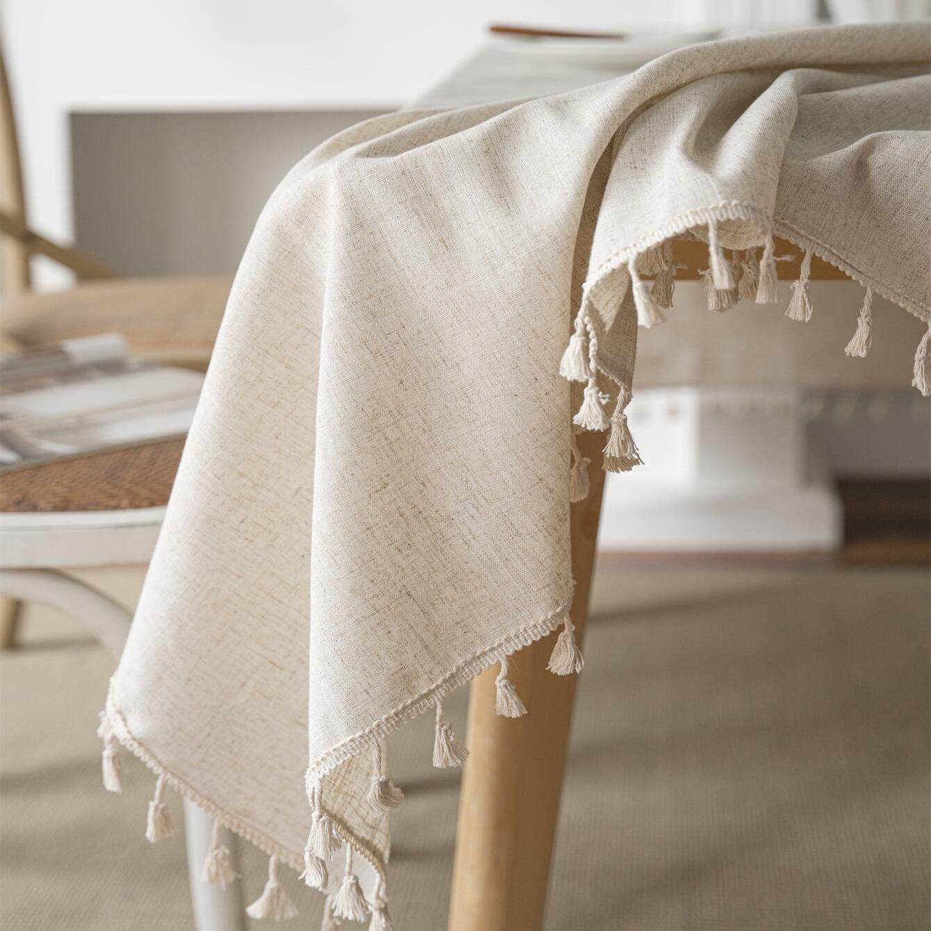 Linen Farmhouse Tablecloth - Beige Fringed Dust-Resistant Cover with Elegant Western Style - Perfect for Buffet, Holiday Dinner, Party, Banquet, Kitchen, Restaurant, and Wedding Rectangular Tables