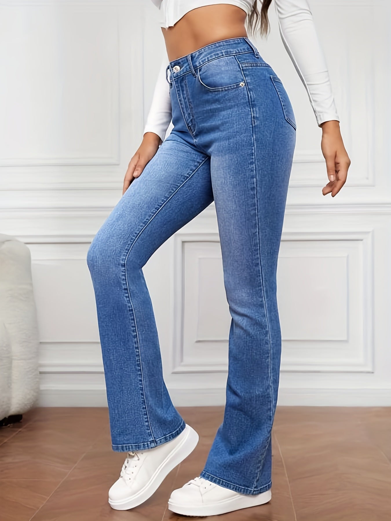 「lovevop」Blue Mid Waist Flared Jeans, Bell Bottom Slash Pockets High-Stretch Denim Pants, Women's Denim Jeans & Clothing