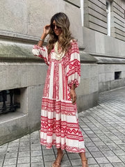 「lovevop」Full Printed Dress, Boho Puff Sleeve Maxi Loose Dress, Women's Clothing