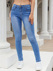 「lovevop」Blue Slim Fit Skinny Jeans, Slash Pockets Mid-Waist Casual Mid-Stretch Denim Pants, Women's Denim Jeans & Clothing