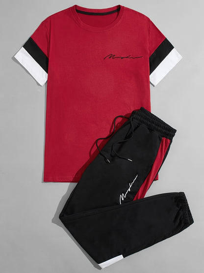 「lovevop」Men's Colorblock Casual T-shirt Outfit Set, 2 Pieces Round Neck Short Sleeve Tees And Drawstring Long Pants