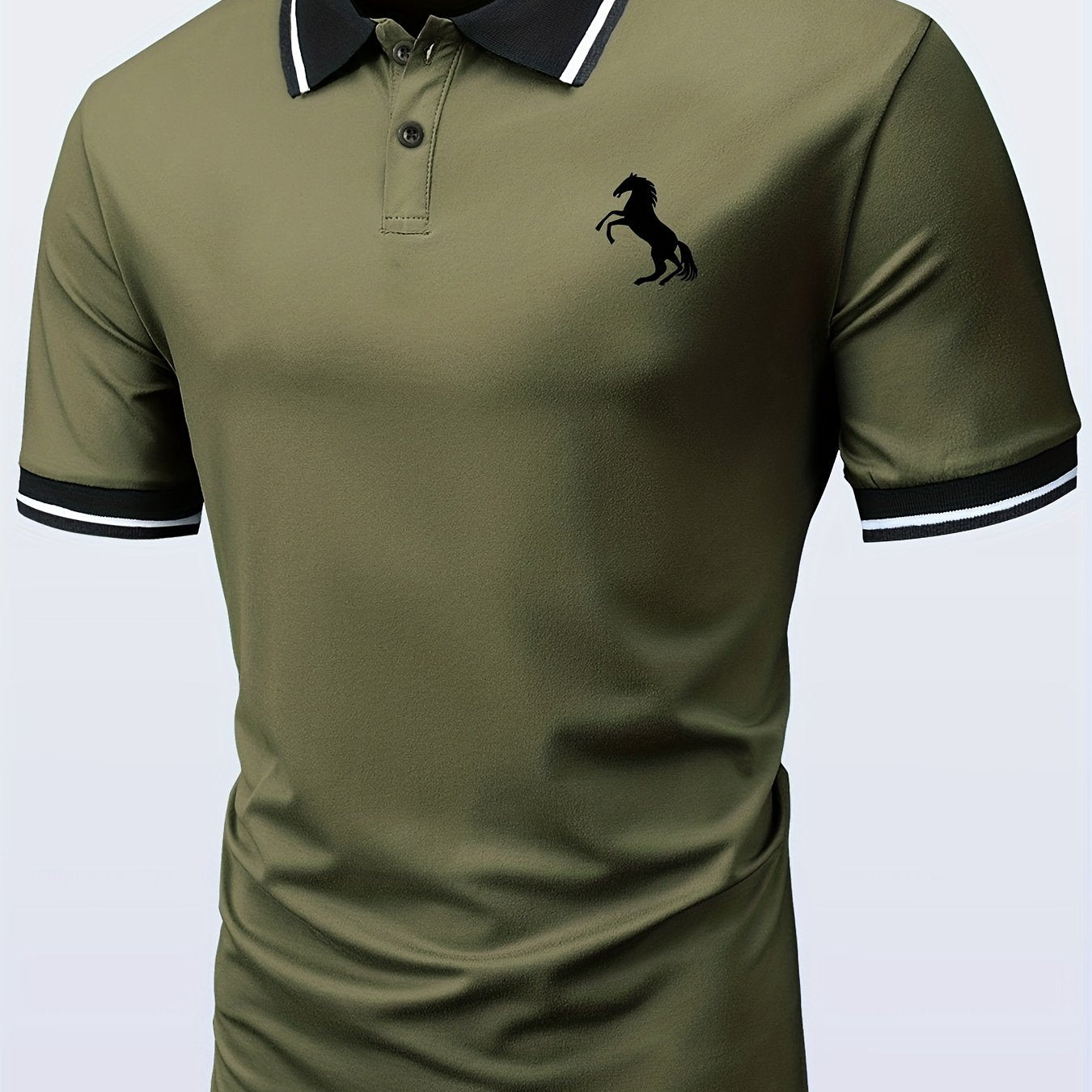 「lovevop」Horse Pattern Casual Slightly Stretch Button Front Short Sleeve Polo Shirt, Men's Clothes For Summer