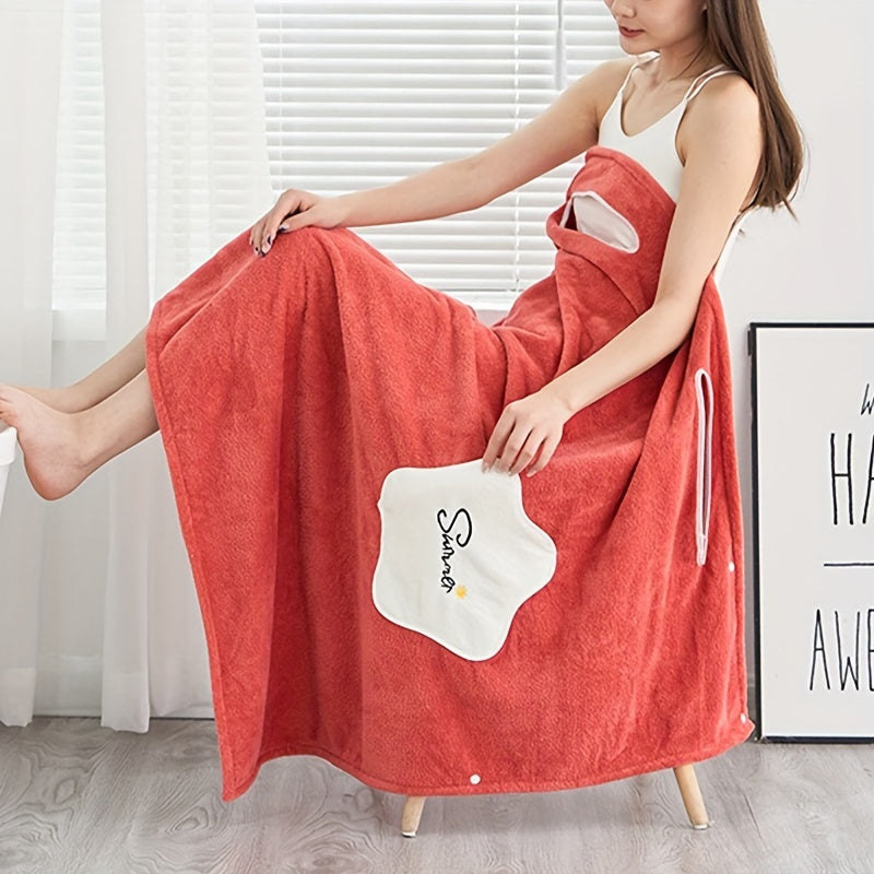 1pc Plush Quick-Drying Spa Bathrobe with Pocket - Bath Towels for Women with Thick Straps, Absorbent, Comfortable, Soft Wrap Towel for Home, Bathroom, Sauna, and Daily Use - Luxurious Bathroom Accessories for Relaxation