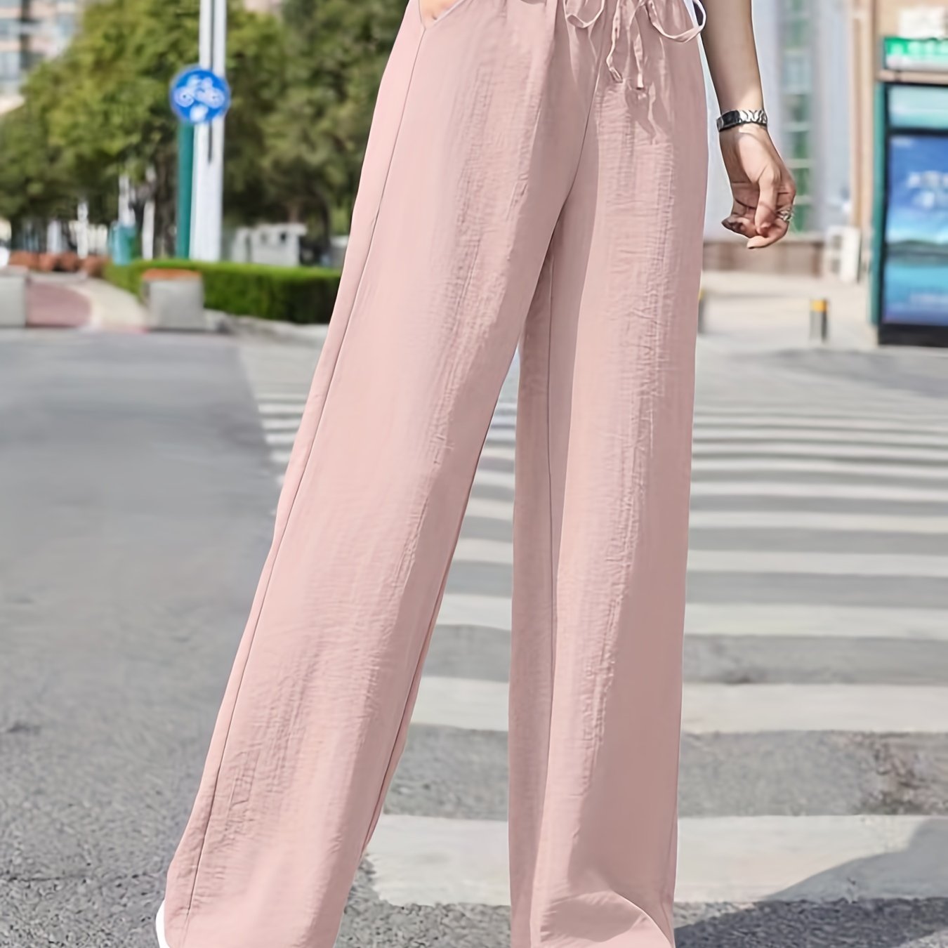 「lovevop」Minimalist Solid Drawstring Pants, Casual Long Length Elastic Waist Wide Leg Pants, Women's Clothing