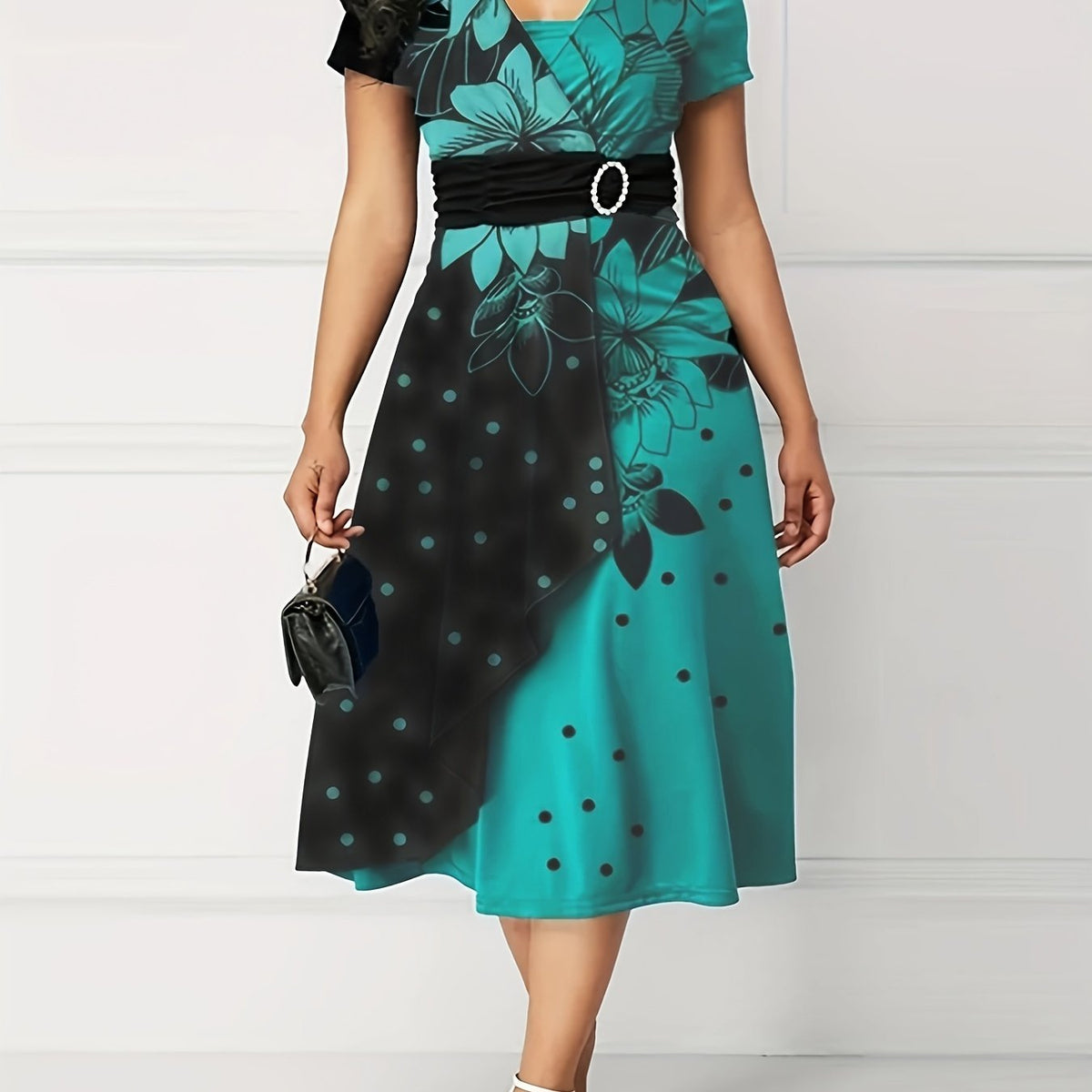 「lovevop」Asymmetrical V Neck Dress, Vintage Short Sleeve Slim Waist Comfy Dress, Women's Clothing