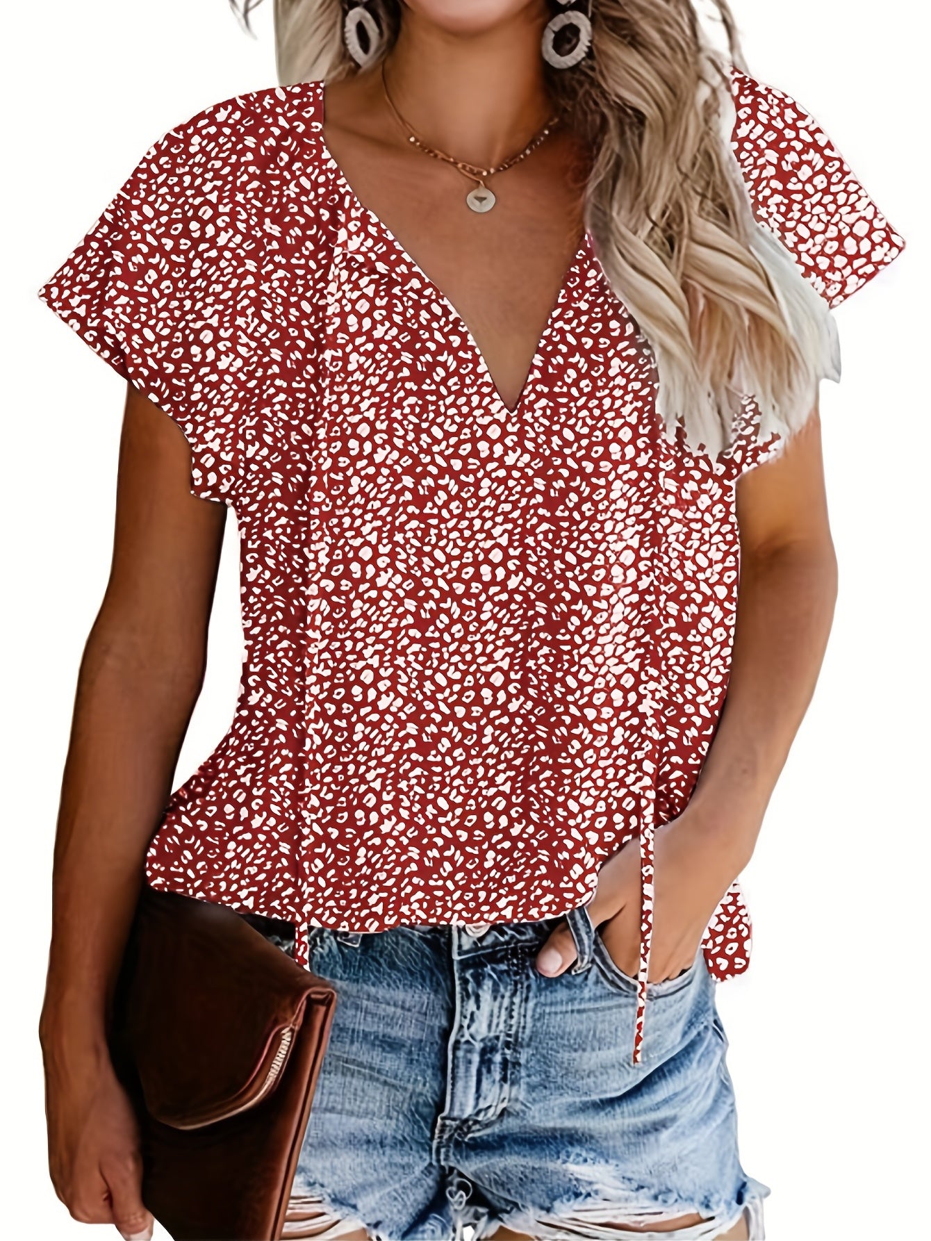 「lovevop」V Neck Flutter Sleeve Blouse, Loose Casual Top For Summer & Spring, Women's Clothing