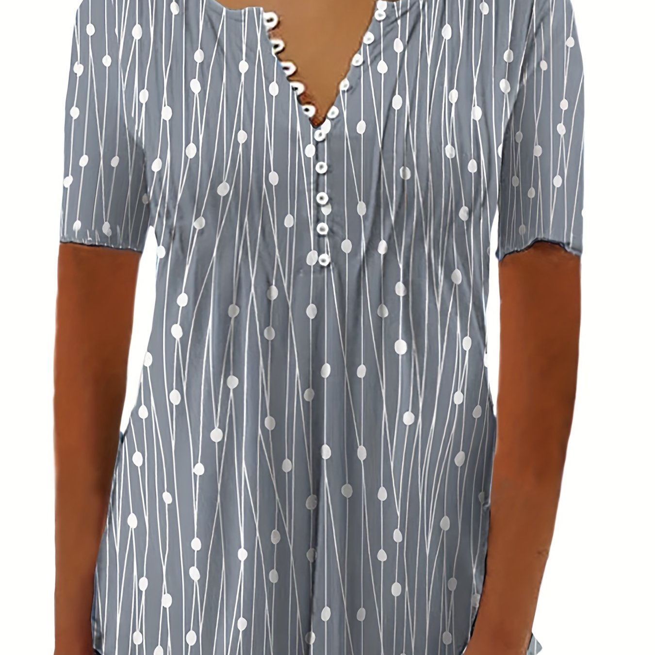 「lovevop」Polka Dot Button T-Shirt, V Neck Short Sleeve T-Shirt, Casual Every Day Tops, Women's Clothing