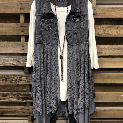 Lovevop-Lace High Low Trim Denim Vest Dress, Flap Pockets Raw Hem Lady Distressed Vest Dress, Women's Denim & Clothing