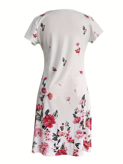 「lovevop」Floral Print Short Sleeve Dress, V Neck Casual Dress For Summer & Spring, Women's Clothing