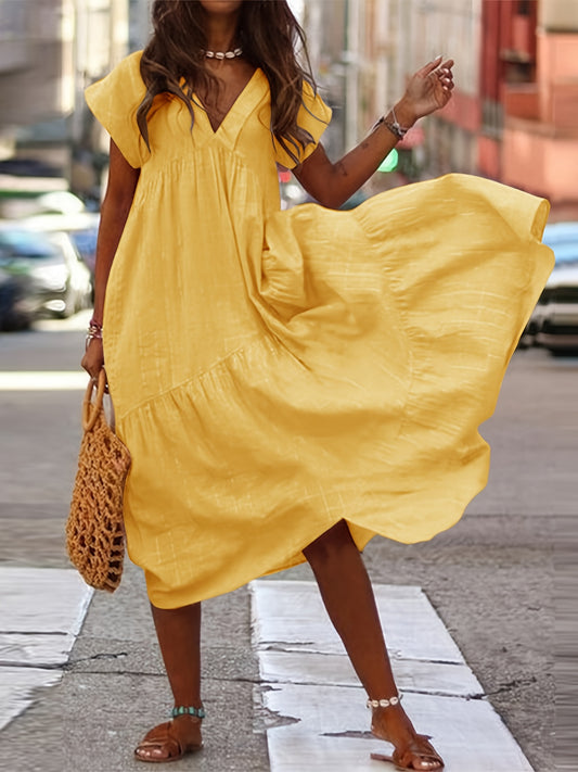 「lovevop」Casual Solid Loose Dress, V Neck Short Sleeve Vacation Dress, Casual Every Day Dress, Women's Clothing