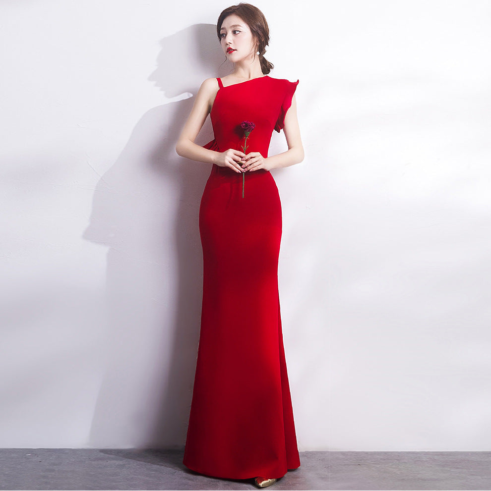 1016 #Bridal Toast Winter Wedding Banquet Party Long Burgundy Engagement Fishtail Evening Dress Women