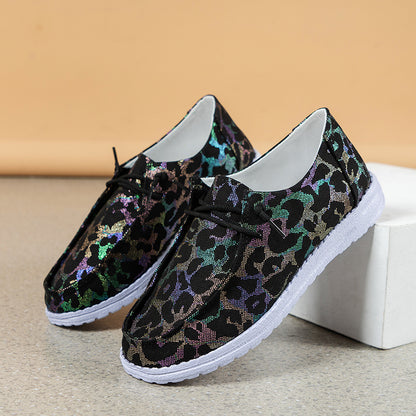 「lovevop」Women's Leopard Print Canvas Shoes, Lightweight Lace Up Flat Shoes, Casual Slip On Shoes