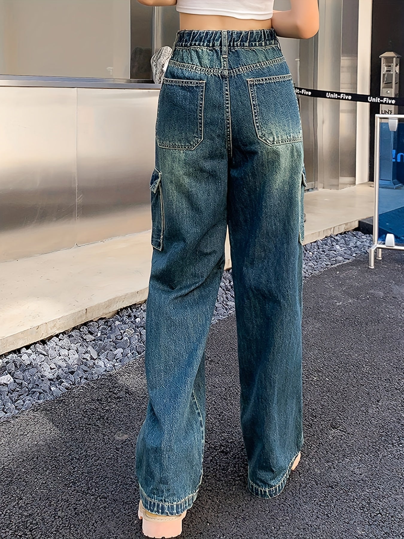 「lovevop」Flap Cargo Pockets Water Ripple Embossed Jeans, Half Elastic Waistband Street Hip Pop Style Straight Denim Pants, Women's Denim Jeans & Clothing