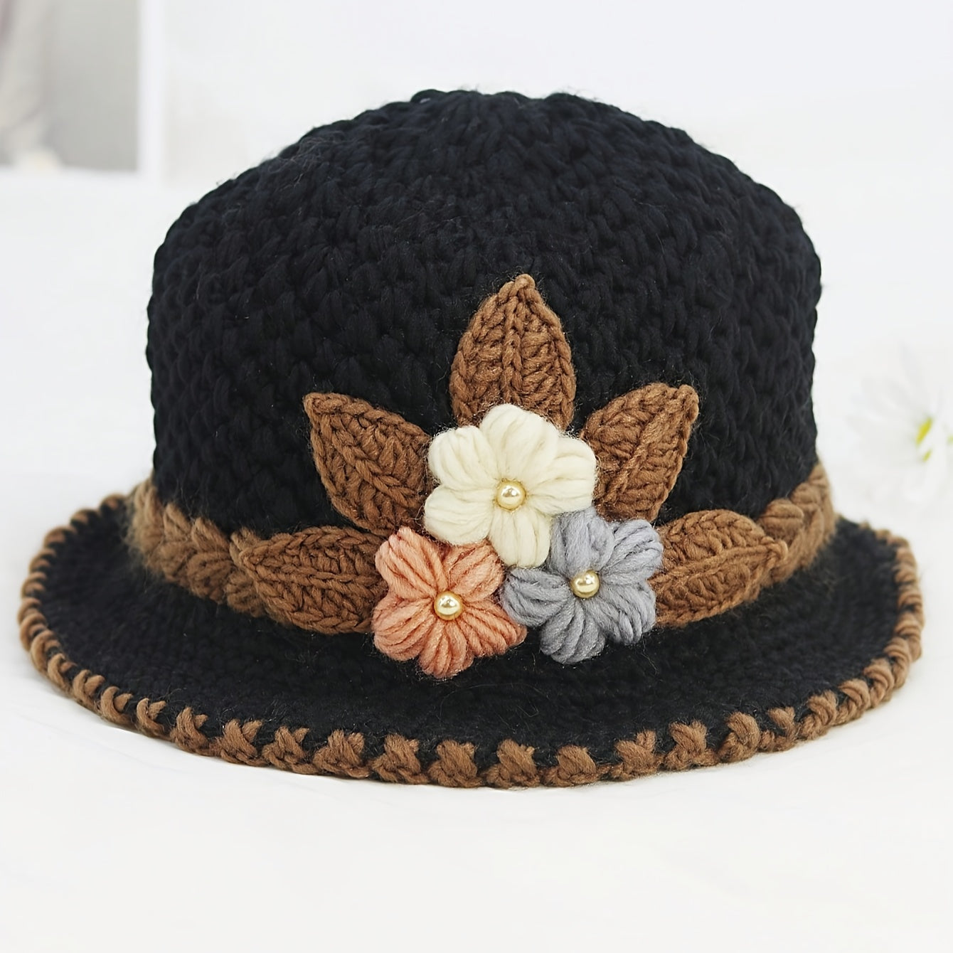 Elegant Floral Crochet Bucket Hat - Soft, Lightweight, Warm, and Breathable Fisherman Cap for Women - Perfect for Autumn and Winter Seasons