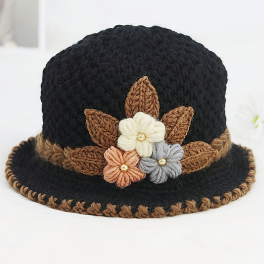 Elegant Floral Crochet Bucket Hat - Soft, Lightweight, Warm, and Breathable Fisherman Cap for Women - Perfect for Autumn and Winter Seasons