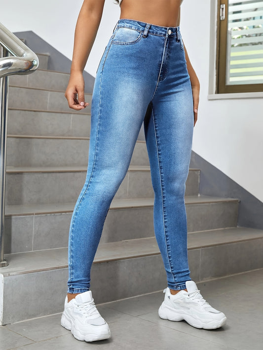 「lovevop」Blue High Waist Skinny Jeans, Slash Pockets High Rise Slim Fit Stretchy Denim Pants, Women's Denim Jeans & Clothing