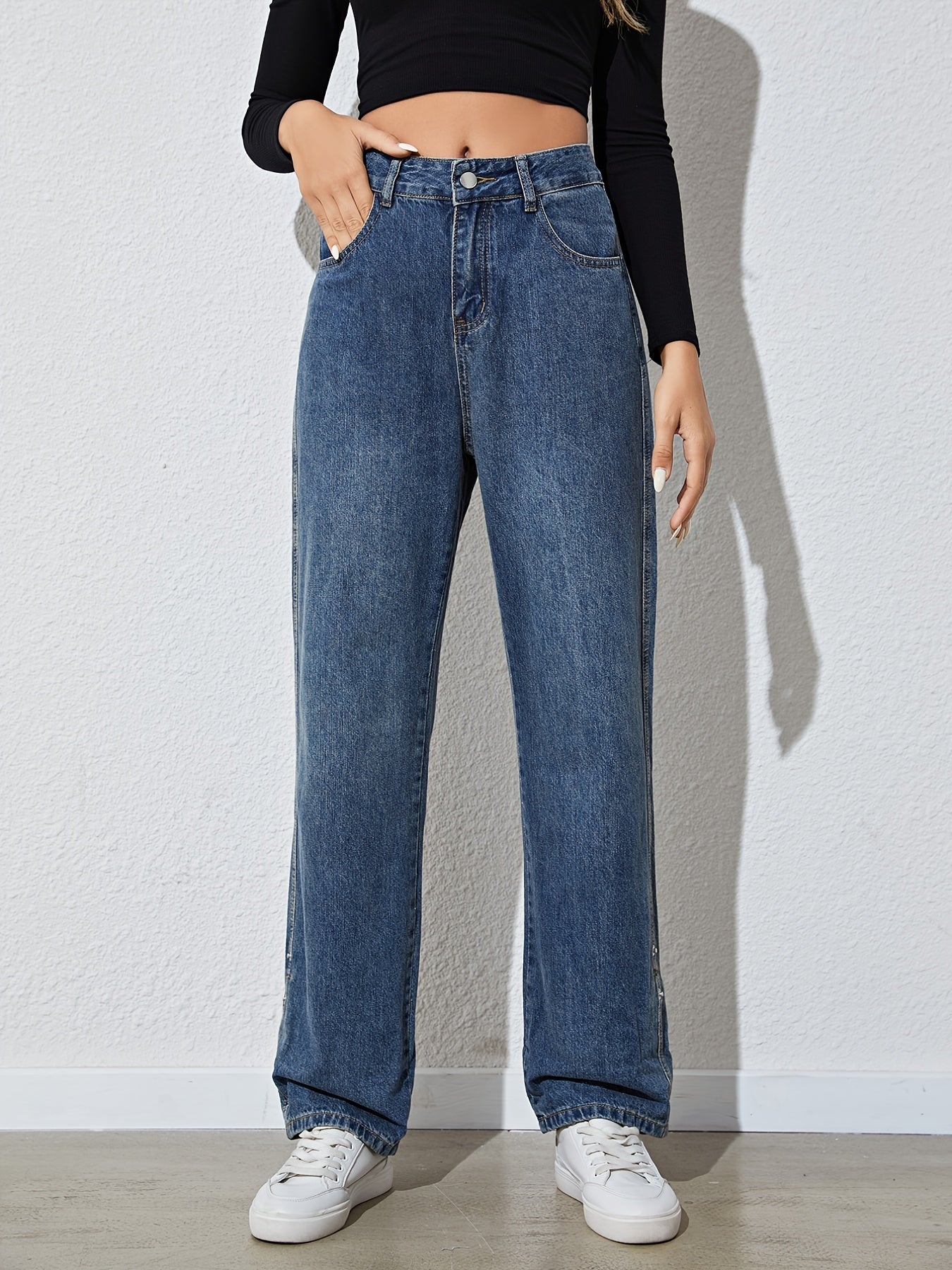 「lovevop」High Waist Plicated Hem Boyfriend Jeans, Casual Loose Draped Straight Leg Pants, Women's Denim & Clothing