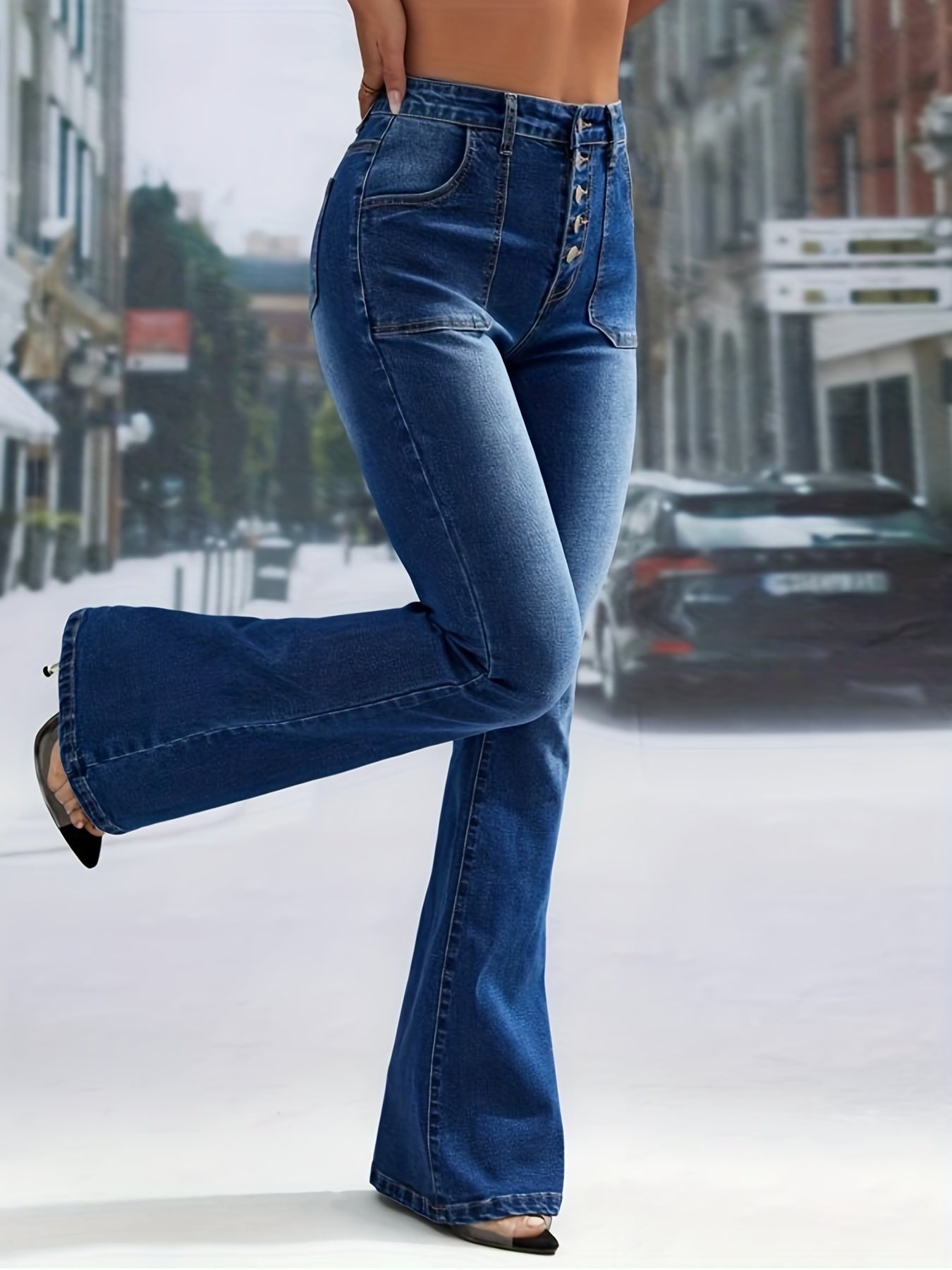 「lovevop」Blue High Waist Flared Jeans, Bell Bottom Single-Breasted Button Slash Pockets Denim Pants, Women's Denim Jeans & Clothing