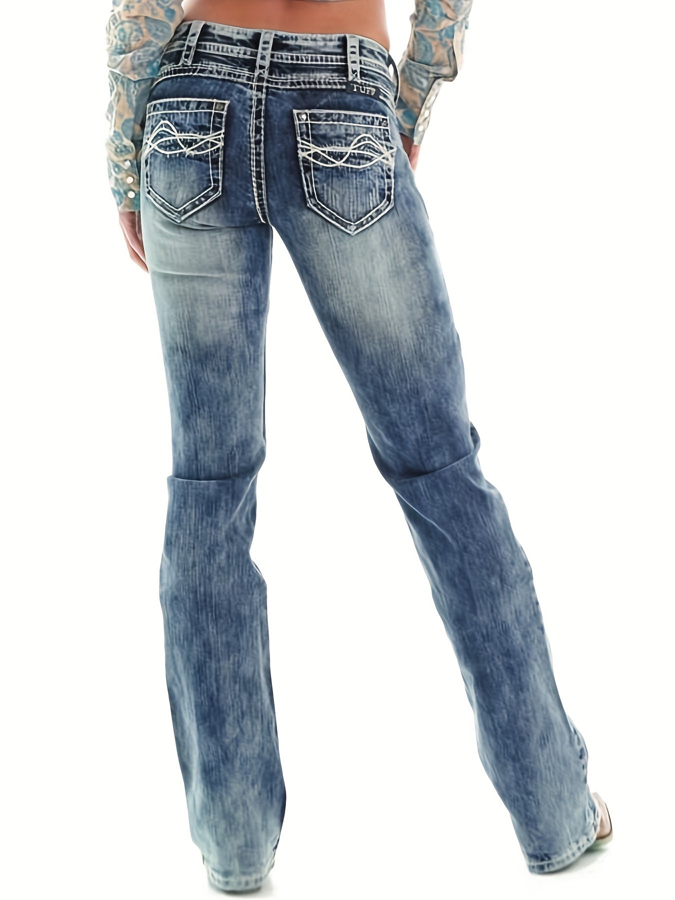 「lovevop」Blue Loose Fit Straight Jeans, Slash Pockets Casual Denim Pants, Women's Denim Jeans & Clothing