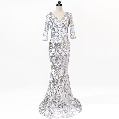 1102 Evening Dress Black Banquet Winter Medium Long Sleeve Long Fish Tail Elegant Slim Host Annual Meeting Dress Dress