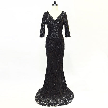1102 Evening Dress Black Banquet Winter Medium Long Sleeve Long Fish Tail Elegant Slim Host Annual Meeting Dress Dress
